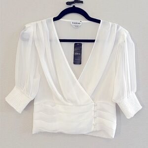 Bebe White Smocked Sheer 3/4 Sleeve Blouse with Button Detail - Size 6